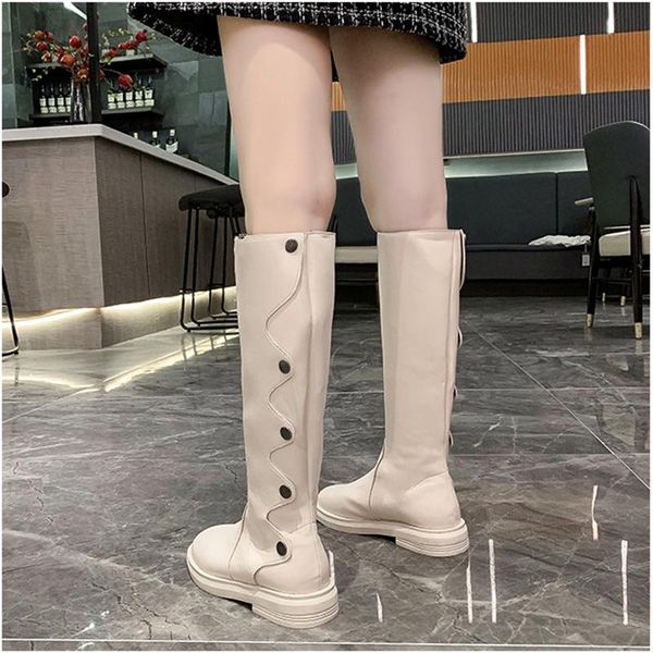 

boots leather metal button high-knee women wave pu trend long tube botas zipper low heels botines mujer2021, Black
