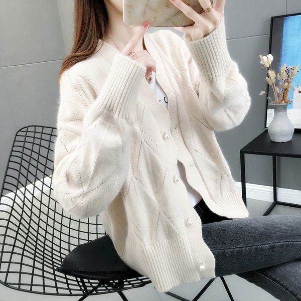 

2021 new women's autumn winter warm long-sleeved knitted jacket female v-neck solid color cardigan sweater coat 480 gj1o, White;black