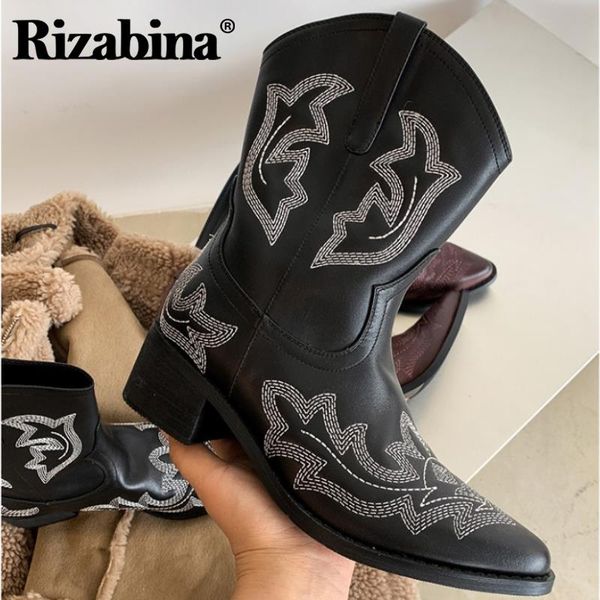 

rizabina women mid calf boots real leather print square heel woman winter shoes fashion cool short boots women size 34-40, Black