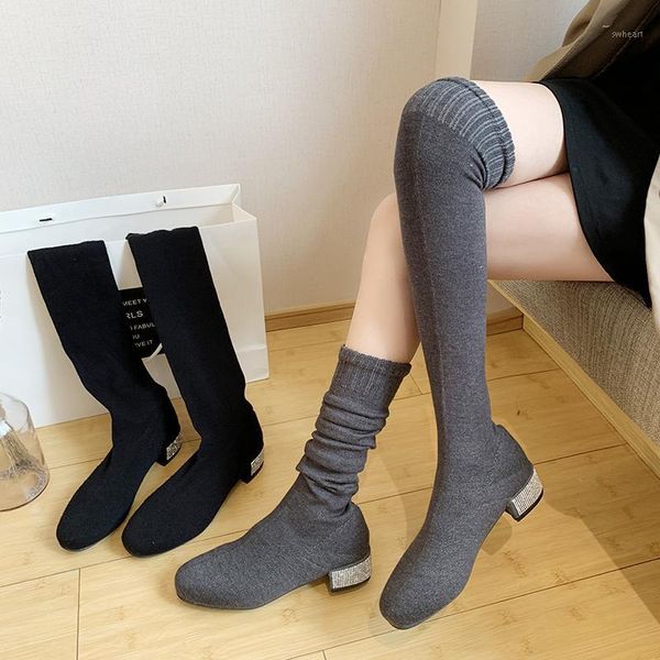 

boots comfortable high socks women pointed toe suede over the knee thick heels autumn botas mujer 2021 1, Black