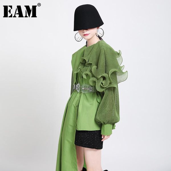 

eam] women green ruffles irregular big size blouse new lapel long sleeve loose fit shirt fashion tide spring autumn 2020 1da218, White