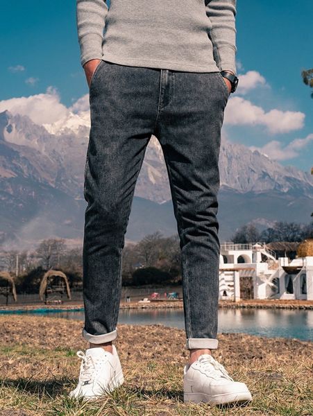 

men slant pocket rolled hem jeans p7t7#, Blue