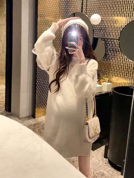 

autumn fashion length and winter sweater mid skirt for pregnant women, White
