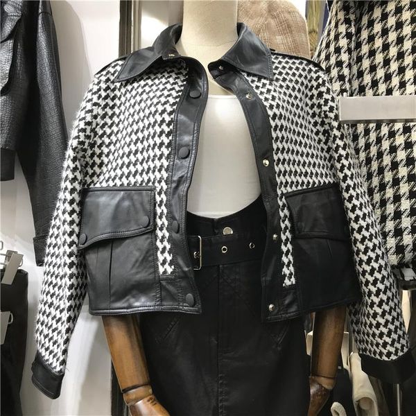 

houndstooth tweed stitching faux pu leather cropped motorcycle jacket women streetwear 2021 autumn short outerwear casual female, Black
