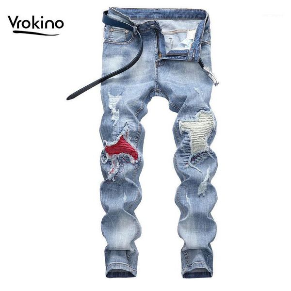 

2020 new listing brand designer fashion men's jeans men's anti-wrinkle hip-hop hole light blue trousers casual clothing 38 40 421