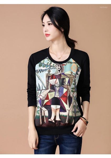 

the autumn of 2019 the new round collar female long sleeve t-shirt printed loose black shirt1, White