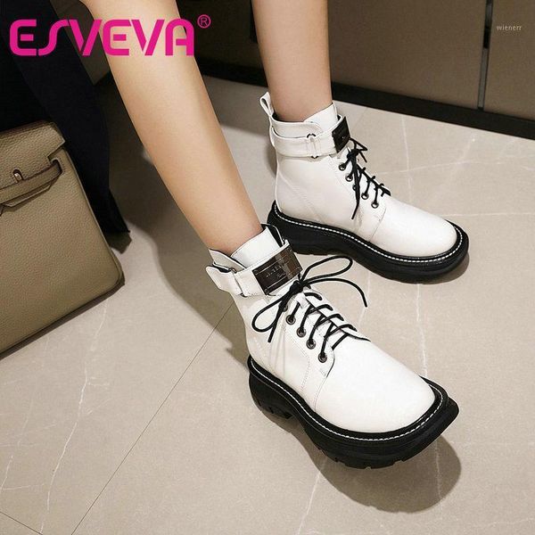 

esveva 2021 lace up square heel microfiber pu ankle boots women boots shoes round toe fashion zipper size 34-411, Black
