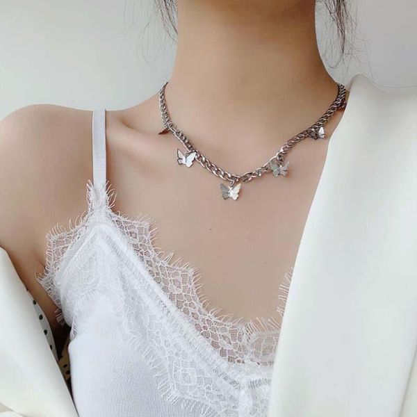 

stainless steel chain butterfly chokers necklace for women silver color short chocker necklace night club hip hop jewelry girls, Golden;silver