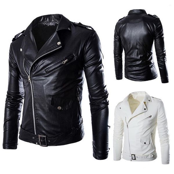 

2018 brand autumn spring casual zipper leather jacket motorcycle leather jacket slim mens jackets and coats black white