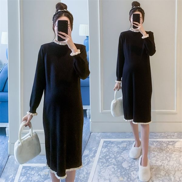 Sonbahar Siyah Örme Annelik Uzun Elbise Zarif Ince Giysileri Hamile Kadınlar için Güz Kore Moda Gebelik Elbise LJ201125