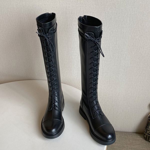 

2021 new women knee high boots genuine leather autumn winter warm low heels woman round toe cross-tied quality shoes cgtx, Black