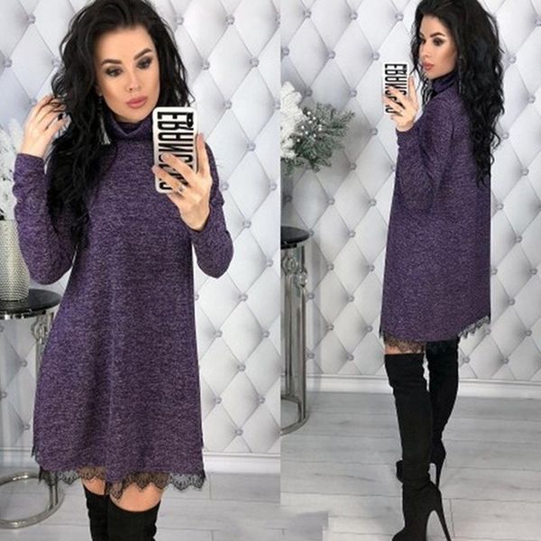 

new 2020 women dress turtle neck autumn winter casual lbodycon dress fashion elegent black lace long sleeve, Black;gray
