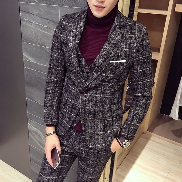 

3 piece tweed suit men plaid blazer s 4xl 5xl khaki grey blue black groom wedding dress suits costume homme ternos slim, White;black