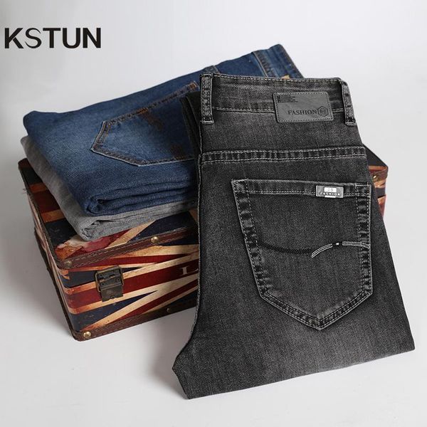 

kstun men's jeans regular cut business casual straight fit dark gray stretch jeans for men good quality male trousers homme 401, Blue