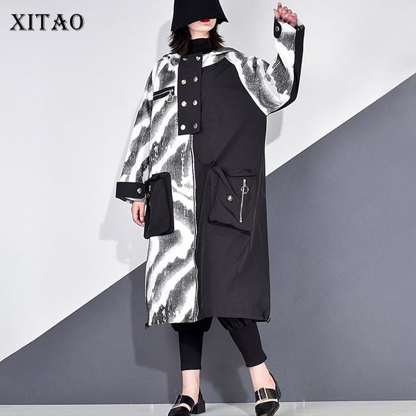

xitao patchwork print trench women zippers tide fashion new style button hooded collar long sleeve long sleeve pocket zp2986, Tan;black