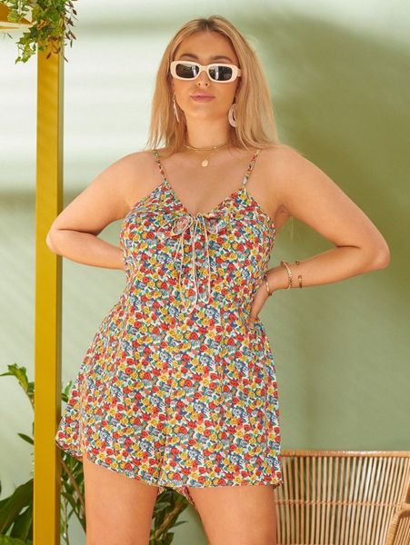 

plus allover floral print knot detail cami romper 01cj#, Black