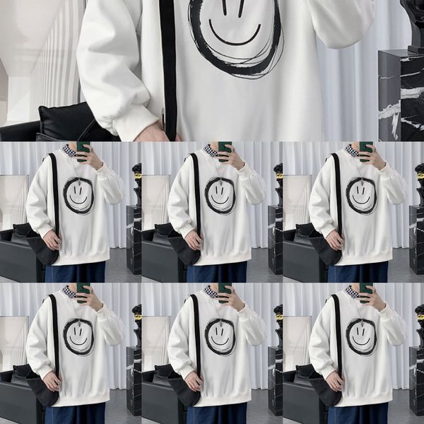

men's 2020 new autumn round neck men's coat sweatersweater sweater loose smiling face printed couple's coat casual big size t, Black
