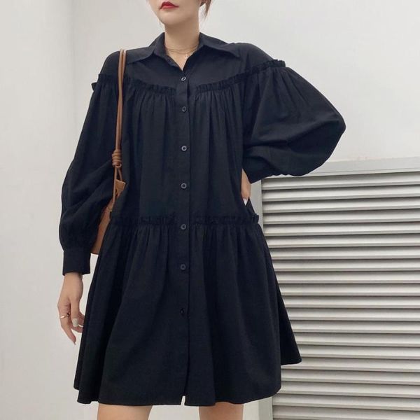 

single breasted vintage korean mini dress women turn down collar lantern sleeve party dress ruffles loose oversized x894, Black;gray