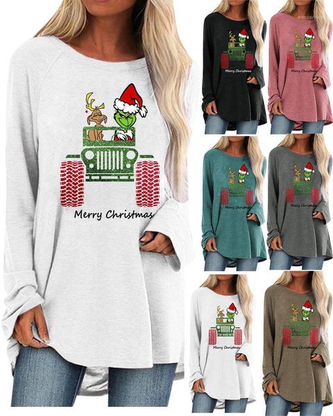

2020 christmas tree print crew neck loose long sleeve t-shirt mujer camisetas oversized t shirt 1, White