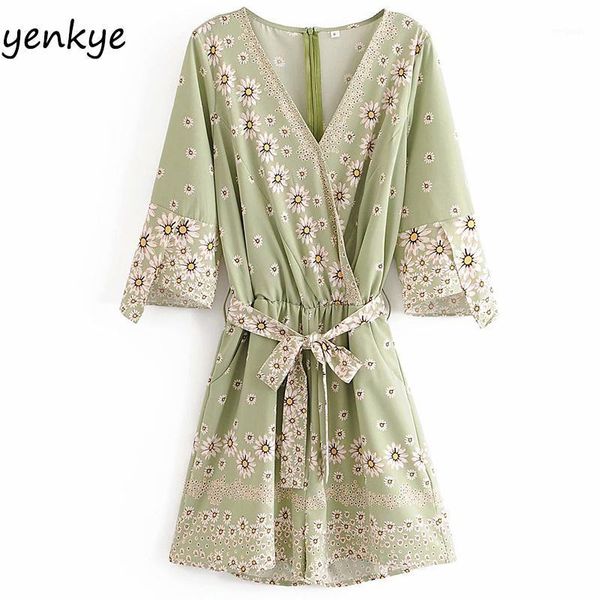 

vintage floral print jumpsuit women v neck flare sleeve sashes casual holiday jumpsuit short romper summer mono mujer playsuit1, Black;white