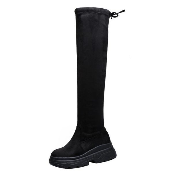 

2021 new women's chunky fashion on the knee boots girls sweet feminine elastic flock casual student shoes 155h, Black
