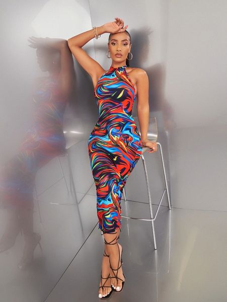 

marble print tie backless halter bodycon dress b2vj#, Black;gray