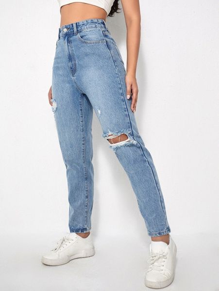 

high waist ripped raw hem cropped jeans w9qx#, Blue
