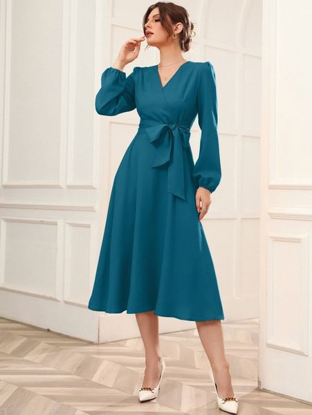 

surplice neck bishop sleeve belted dress p1kn#, Black;gray