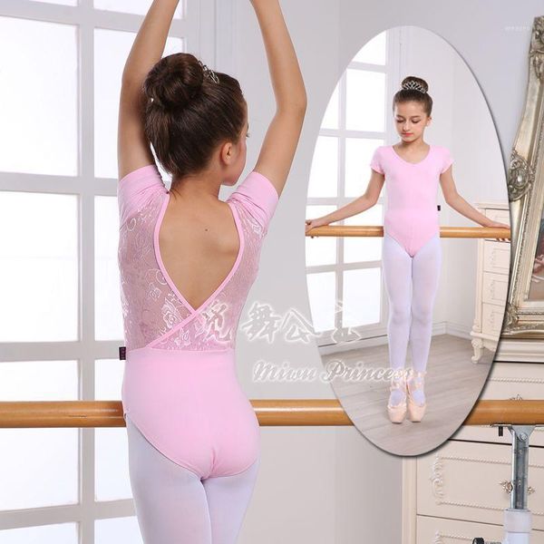 

summer girls lace leaking back ballet dance dress short sleeved girls gymnastics leotard ballet leotards for girl dance wear1, Black;red