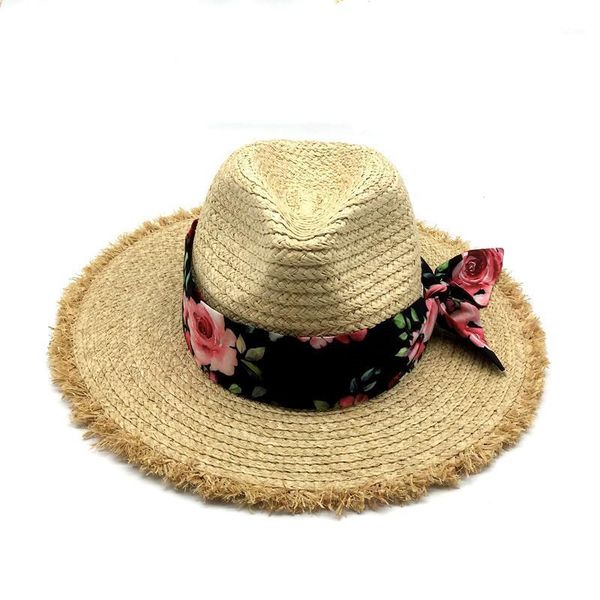 

girls fedora raffia straw hat women summer beach hat floral printed band natural raffia panama straw with tassel brim1, Blue;gray