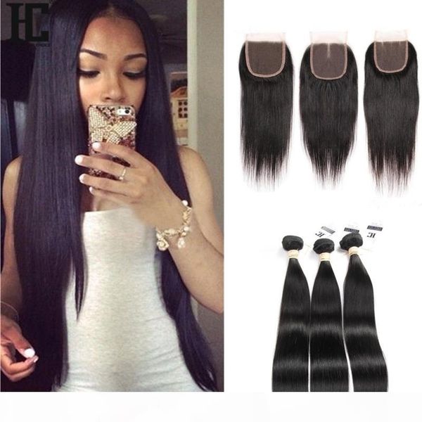 

brazilian virgin hair with closure 3 bundles brazilian straight human hair with closure unprocessed brazilian straight human hair weaves, Black