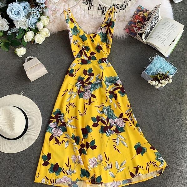 

2020 high-waisted floral print v-neck women's holiday beach dress strapped bohemian backless long dresses mujer vestido1, Black;gray