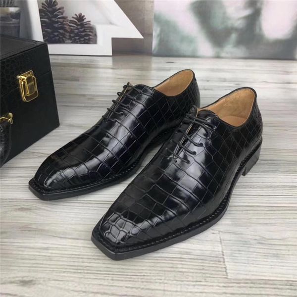 

square toe designer authentic crocodile belly skin businessmen's formal shoes genuine real alligator leather male lace-up shoes, Black