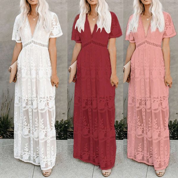 

2021 v-neck high waist embroidered lace long drs, Black;gray