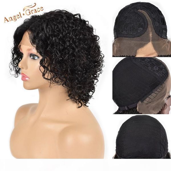 

angel grace deep curly bob lace wig said part brazilian lace part curly human hair wigs for women pre plucked baby hair remy, Black;brown