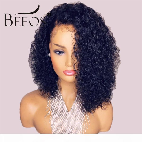 

beeos коротких 13x6 фронт шнурок париков человеческих волос 180% pre сорванного с волосами младенца глубоководной частью завитых бразильског, Black