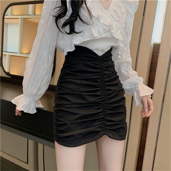 

skirts bodycon ruched skirt for women irregular short, Black