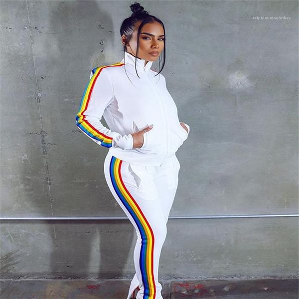 

sleeve coats and split casual pants autumn slim women 2pcs outfit sets striped patchwork tracksuits womens zipper long, Gray