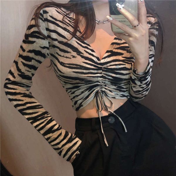 

t-shirt bottoming mrs women's fox zebra shirt with wind tight long sleeve v-neck jacket ins, Black;gray