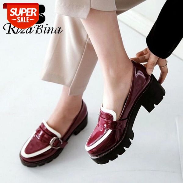 

rizabina women pumps women high thick heels patent leather shoes slip on round toe shoes office lady footwear size 33-43 #lo7s