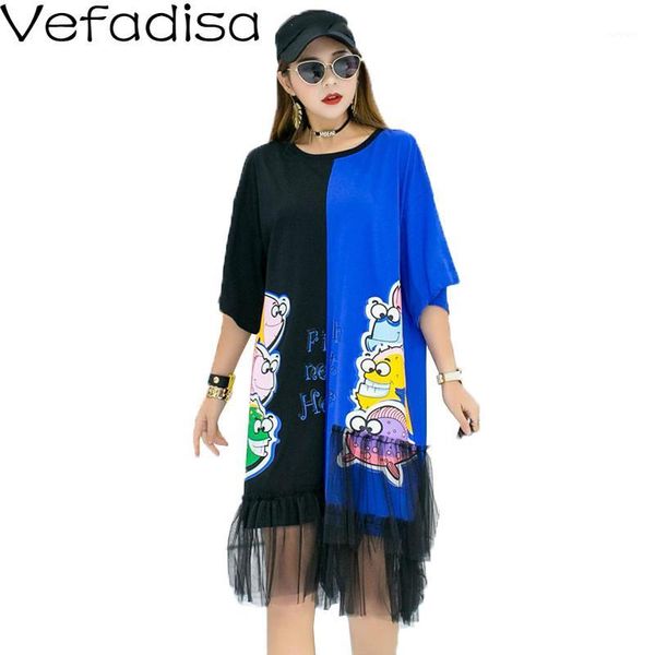 

vefadisa fish print women dress 2020 summer mesh patchwork t-shirt dress hit color short sleeve knee-length blue qyf23961, Black;gray