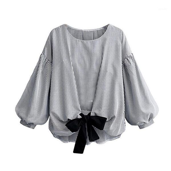 

women striped blouse fashion lantern sleeve shirts o-neck blouse women rk1, White