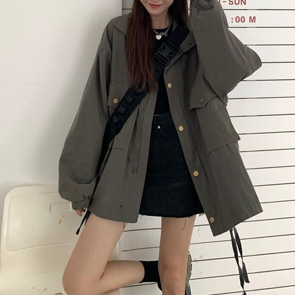 

women's jackets autumn retro hong kong style loose design tooling long sleeve coat small trench temperament female tide1, Black;brown