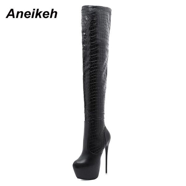 

aneikeh 2020 new spring/autumn fashion sewing alligator pattern pu thin heels boots classics over-the-knee shoes for women, Black