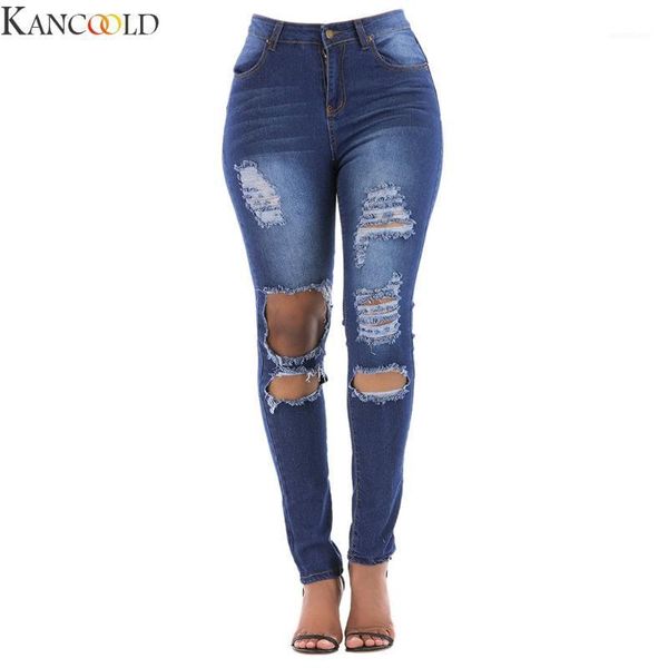

kancoold plus size fashion womens button ripped zipper pocket trousers jeans casual denim pants high waist washed jeans1, Blue