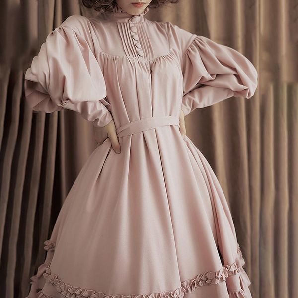 

pink chiffon dress women long lantern sleeve lace dresses female slim evening party dress girl lolita dress vestidos, Black;gray