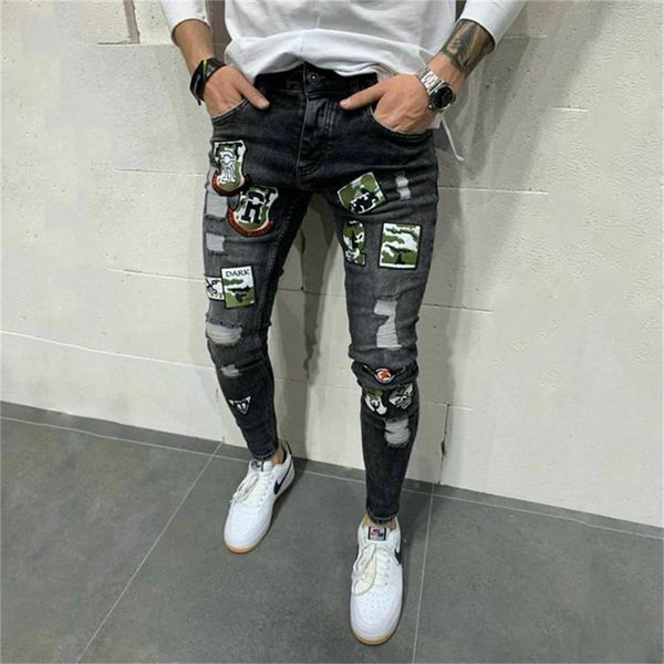 

2 styles men stretchy ripped skinny biker embroidery print jeans destroyed hole taped slim fit denim scratched jean, Blue