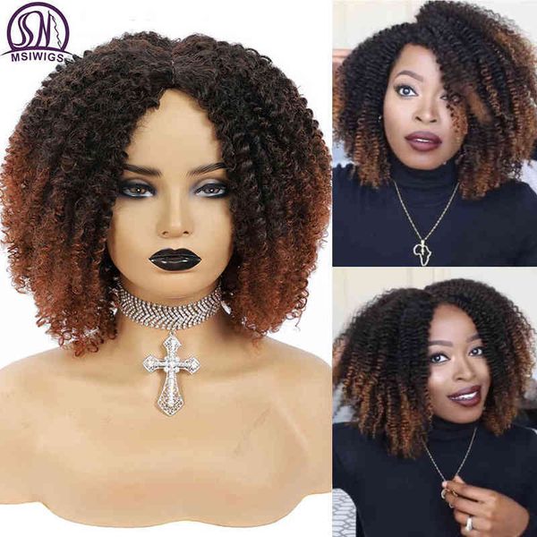 

hairpiece msiwigs women's short afro kinky curly wigs ombre brown synthetic middle part nature hair black daily party headgear with cli
