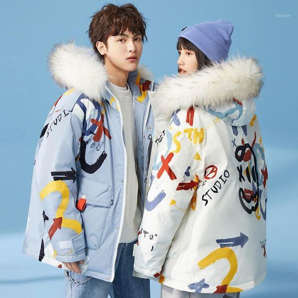 

hip hop parka down jacket graffiti printing men women windbreaker streetwear harajuku winter padded jacket coat warm outwear1, Black
