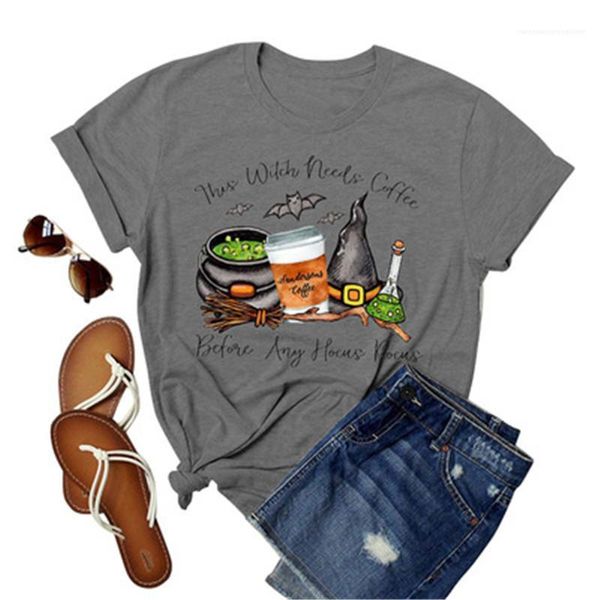 

this witch needs coffee laides t-shirts summer fashion casual halloween pattern short sleeve tees designer female round neck loose, White